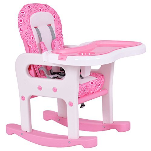 Costzon Baby High Chair, 3 in 1 Convertible Play Table Set, Booster Rocking Seat with Removable Feeding Tray, 5-Point Harness, Lockable Wheels (Pink)