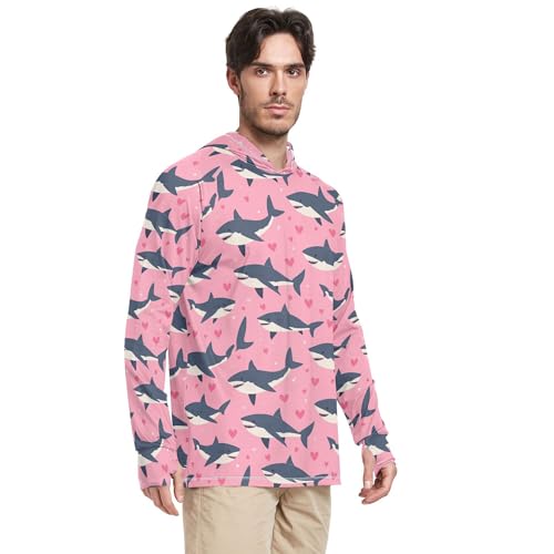 Valentine's Cartoon Shark Fish Pink Sun Shirts Hoodies for Men Long Sleeve Rash Guard Shirts UPF 50+ Golf Shirt S2