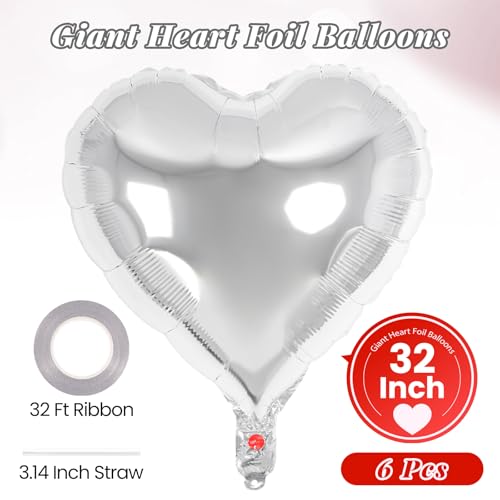 Image of 6 Pcs 32 Inch Silver Heart Balloons, Giant Heart Shape Foil Balloons Love Balloon Valentine Balloon for Birthday Party Wedding Engagement Party Baby Shower Valentine Day Decorations