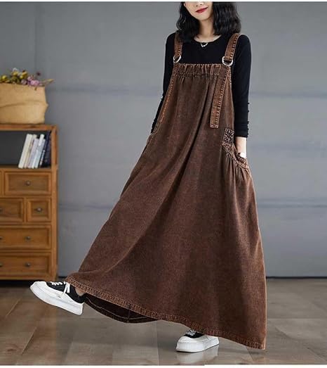 Image of Boho Jumper Dress for Women Loose Version Baggy Style Maxi Length Adjustable Straps Wide Hemline Overall Dresses