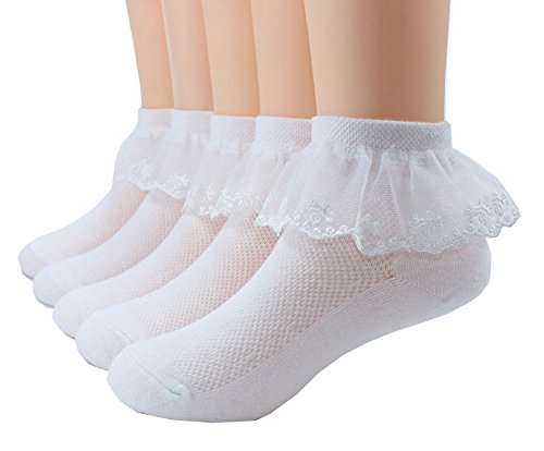 Xiyadun 5 Pairs Toddler Baby & Child Girls Ruffle Lace Ankle Cotton Dress Socks (M for 3-6 Years, Eyelet White)