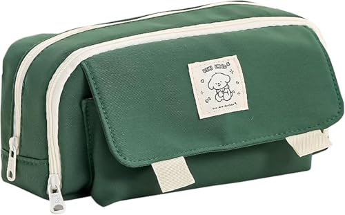 Image of Canvas School Bag Pencil Case, 3 Layer 6 Compartment Large Capacity, Aesthetic Pencil Pouch for Stationary, Cute Stationery for Kids, Pencil Case for Girls & Boys (Kimi Land Green)