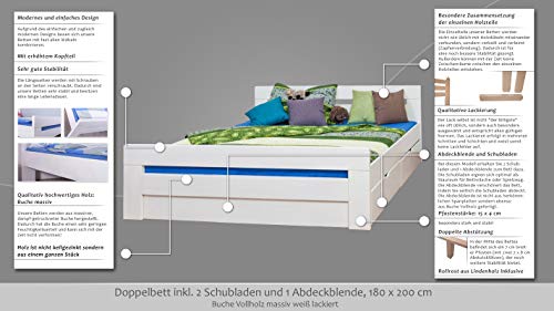 Steiner Shopping GmbH Doppelbett/Funktionsbett Easy Premium Line K6 inkl. 2 Schubladen und 1 Abdeckblende 180 x 200 cm Buche Vollholz massiv weiß lackiert – Bild 4