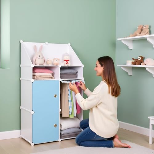 Image of Sunderlook Plastic Wardrobe for Kids Clothes - Collapsible Wardrobe, Easy to Use Anti-Skid & Non-Slip Effective Professional Foldable Plastic Cupboard for Kids, Home (Blue-HD2, 4 + 2 Door)