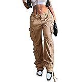 Viatabuna Women's High Rise Straight Leg Y2K Streetwear Cargo Pants Baggy Boyfriend Pants with Pocket Khaki