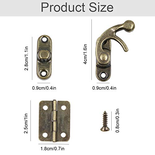 Antike Latch Hook Hasp Retro Verschluss Links/Rechts Horn Lock 10 Stück Antik Riegel Haken Verriegelung Verschlusshaken + 12PCS Kleine Box Scharniere mit Schrauben, Perfekt für Holzkiste Dekoration