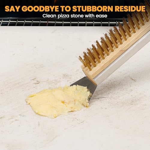21'' Pizza Brush with Stainless Steel Stone Scraper - Brass Bristles - Wood Handle - Hanging Ring - Outdoor Pizza Oven Accessory - Compatible with Ooni, Gozney, Blackstone, Solo Stove Ovens