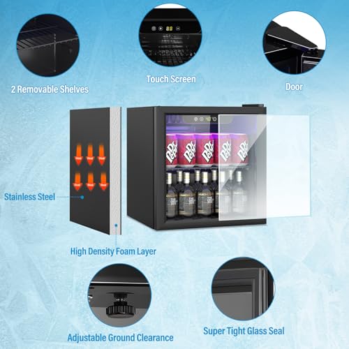 Image of Erivess 1.3 Cubic Feet Mini Fridge, 60 Can Freestanding Beverage Refrigerator with Glass Front Door for Soda, Beer Under Counter Small Refrigerator with Adjustable Shelves and Digital Display(Black)