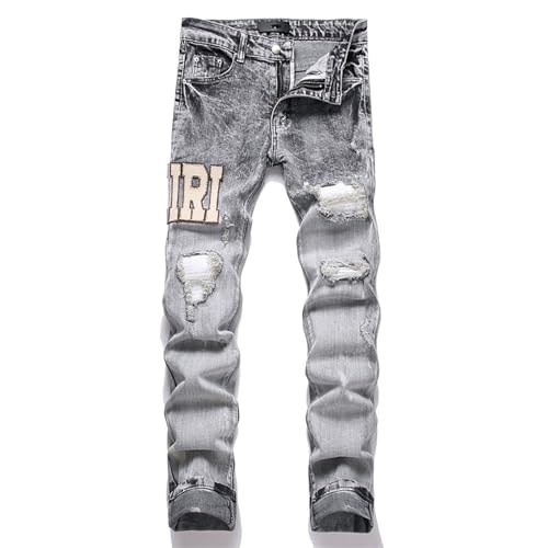 Pantalones Vaqueros Grises para Hombre, Vaqueros De Calle para Jóvenes Skaters, Vaqueros Desgarrados Parches y Bordados, Vaqueros Elásticos Skinny para Hombre,33