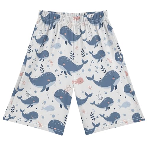 Whales on A Light Background Sleep Shorts Summer Pajama Shorts Elastic Waist Sleep Bottoms with Pockets 6-14 Years