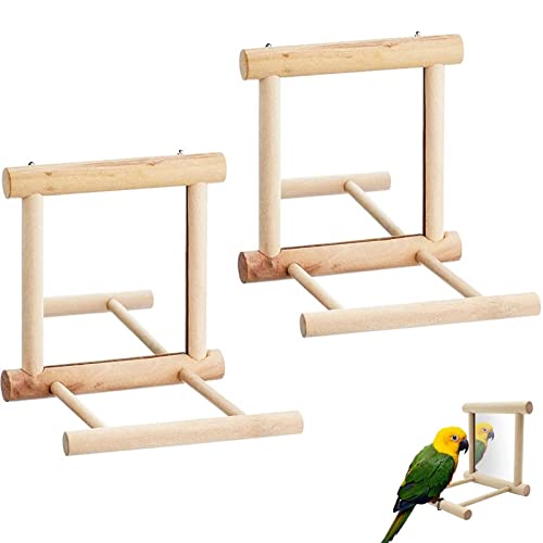 2 pièces Miroir Perroquet Oiseau, Miroir Oiseau pour Perruches, Jouet en Bois Cage Cacatoès, Support Oiseau Perchoir avec Miroir, conception Crochet D'exercice, Jouet à Miroir Perchoir Cage Oiseau Cover