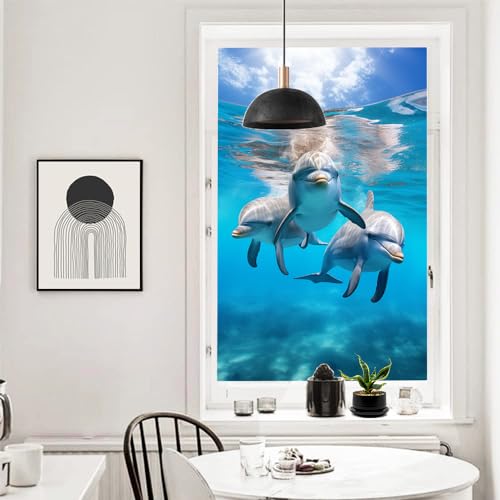 Dunmat Ocean Dolphin Picture Stained Glass Window Film Tropical Cartoon Animals Modern Window Privacy Film Non-Adhesive Glass Film Decorative Static Cling Film For Home Office 27.6Wx39.4L Inch thumb #5
