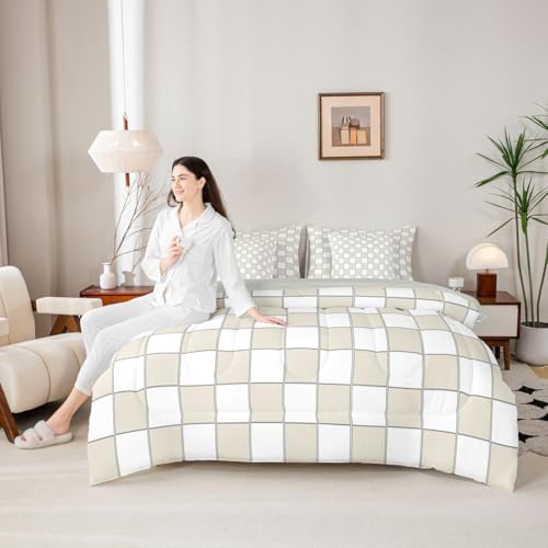 Image of Erosebridal Plaid King Comforter Set with Sheets 7 Piece Beige White Checkerboard Bed in A Bag Geometric Checkered Bedding Sets for Kids Adults,Aesthetic Grids Bed Set