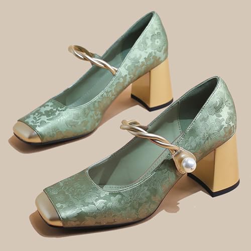 FOWT Women Square Cap Toe Mary Janes Elegant Strap Pearl Pumps Chunky Block Mid Heels Formal Evening Party Shoes Size 4-16 US3