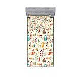 Ambesonne Cartoon Fitted Sheet & Pillow Sham Set, Autumn Pattern Owl Fox Squirrel Birds Animal...