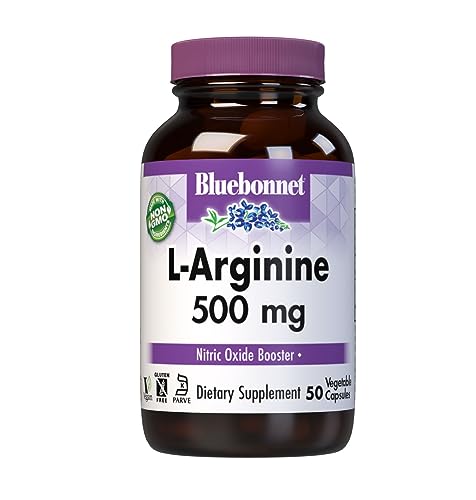Bluebonnet Nutrition L-Arginine 500mg, Free-Form Amino Acid, Nitric Oxide Precursor, Soy-Free, Gluten-Free, Non-GMO, Kosher Certified, 50 Vegetable Capsules, 50 Servings