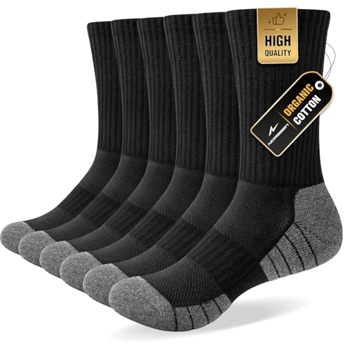 Niorasen 6 Pairs Mens Socks, Cushioned Breathable Sports Socks Outdoor Multipack, Comfortable Crew Cotton Athletic sock for Work Walking Hiking Running, Black 9-12