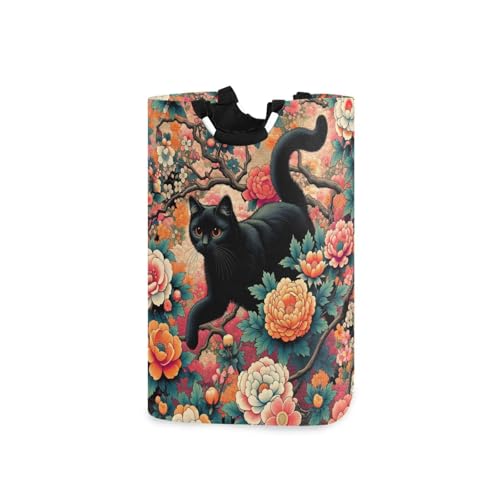 Jihqo Laundry Hamper Basket Black Cat and Japanese Flowers Collapsible Nursery Storage Bin Waterproof Clothing Baskets for Home Bedroom Bathroom Washing Room