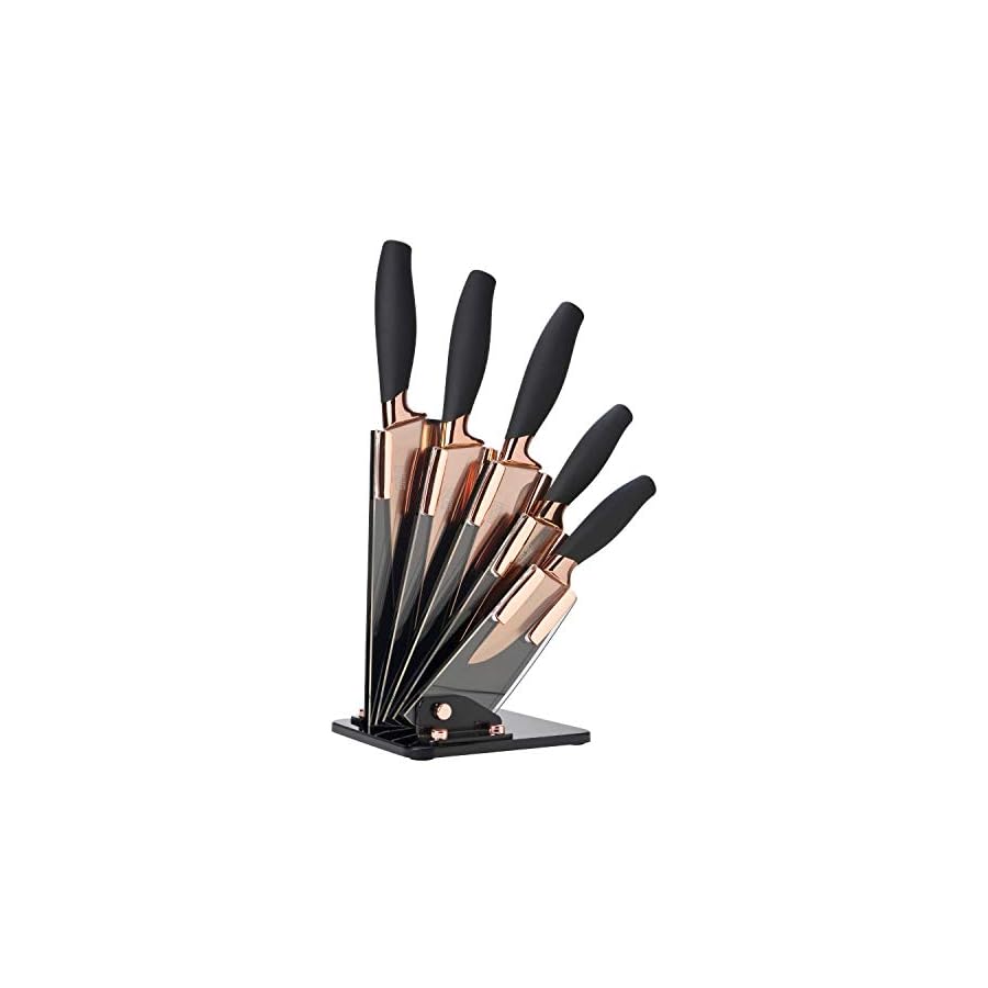 5pc-Kitchen-Knife-Set-Block-Brooklyn-by-Taylors-Eye-Witness-Rose-Gold-Coloured-Bolsters-Finely-Ground-Razor-Sharp-Titanium-Coated-Matching-Blades-Soft-Grip-Handles-Modern-Fan-Shaped-Holder 5pc Kitchen Knife Set & Block - Brooklyn by Taylors Eye Witness. Rose Gold Coloured Bolsters, Finely Ground Razor Sharp Titanium Coated Matching Blades. Soft Grip Handles. Modern Fan Shaped Holder.