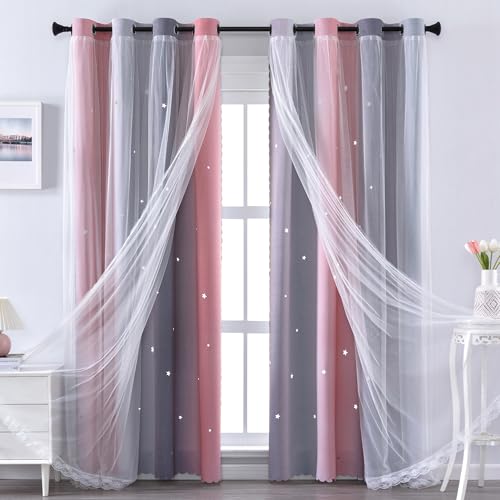 XiDi Pink and Grey Star Blackout Curtains for Girls Bedroom