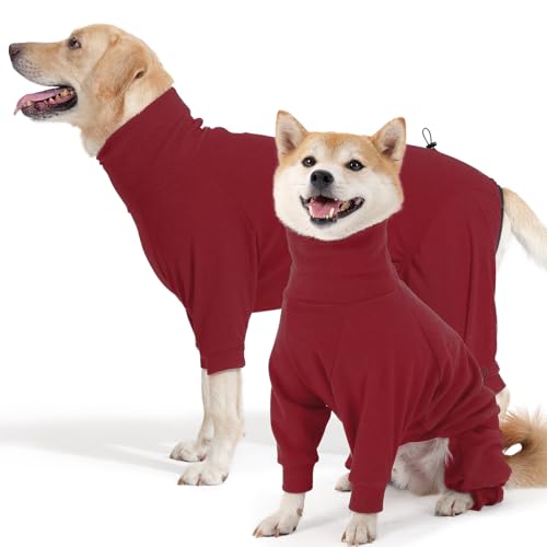 Hjyokuso Hundemantel Winter, Warmer Fleece Hundepullover mit Beinen, Weiche Vierbeinige Hundejacke für Kleine & Mittelgroße Hunde, Hundebademantel Fleece Hunde Pyjama Bekleidung Rot S