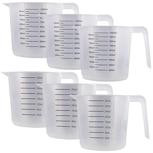 US Kitchen Supply - 32 oz 1000 ml Plastic Graduated Measuring Cups with Pitcher Handles Pack of 6 - 4 Cup Capacity Ounce and ML Cup Markings - Measure Mix Recipe Ingredients Flour Water