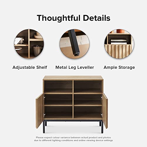 Mopio Norwin Storage Cabinet, Modern Industrial Farmhouse Entryway Accent Buffet Cabinet, Sideboard, With Metal Legs, Storage Shelves, Fluted Panel Doors, & Leveler, For Living Room, Bedroom, Oak #TOP4