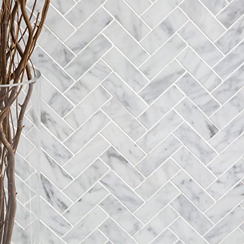 Diflart Pack-5 Carrara Italian White Carrera Marble 1X3 Inch Herringbone Mosaic Tile Polished For Kitchen Bathroom Wall Floor Tile #TOP3