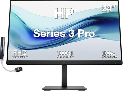 Image of HP Series 3 Pro 24 inch FHD IPS Monitor with 5ms Response Time, Anti Glare, Flicker Free, Tilt, Swivel, Pivot, VESA Mount (100mm), VGA, Displayport, HDMI & Dockztorm USB Port Expander, Black Color