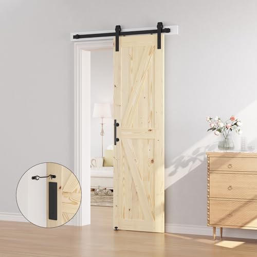 Image of SMARTSTANDARD 24in x 84in Sliding Barn Door with 4ft Barn Door Hardware Kit Included, Unfinished Solid Spruce Wood Door, Assembly Required, DIY, Stainable, Natural