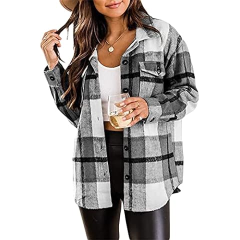 Womens Flannel Plaid Shacket Casual Long Sleeve Button Down Oversized Fall Jacket Checked Shirt Shacket Outerwear (Black Grey , S ) Cover