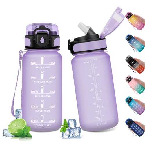 Wasserflasche 500ml, Trinkflasche Auslaufsicher, Sport Wasserflasche mit Zeitmarkierung, Wasserflasche mit Strohhalm, Kohlensäure Geeignet, Sportflasche für Fitnessstudio, Oudoor, Schule, Sprudel