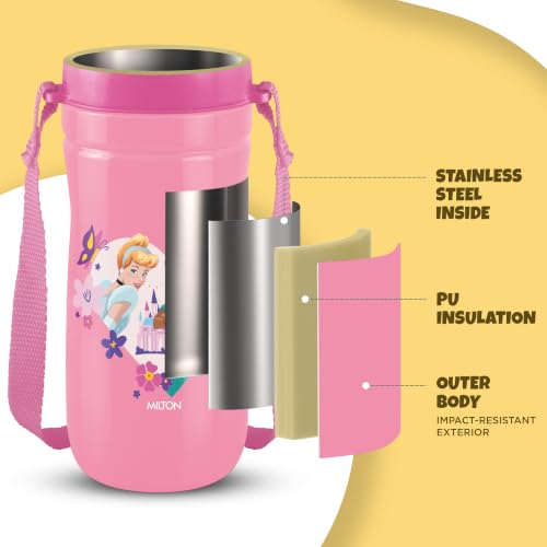 Image of MILTON Disney Kool Cheer 600 Plastic Insulated Thermo Water Bottle with Straw for School Kids I Food Grade, Leak Proof Lid with Hands Free Sipper, Easy to Carry Loop, Picnic, BPA Free, 520 ml, Pink