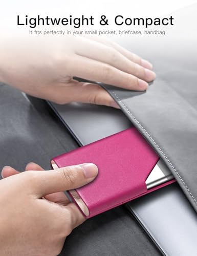 Image of Padike Business Card Holder, Upgraded Leather Business Card Case Pocket Card Holders for Men or Women, Metal Slim Name Card Holder RFID Blocking Business Card Carrier with Magnetic Closure (Rose red)