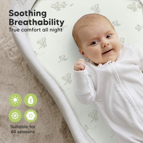 Image of 2pk Organic Bassinet Sheets, Compatible with Halo Bassinest (Elly) | 100% Cotton Bassinet Sheets for Boys, Girls, 30x18 Hourglass Baby Bassinet Mattress Sheets, Soft Breathable Sleeper Cover