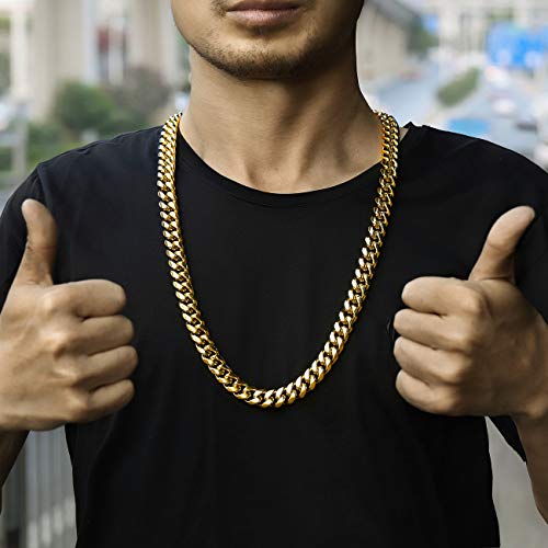 Rowin&Co Mens Chain Thick Heavy 18K Gold Plated Stainless Steel Miami Curb Cuban Link Necklace Hip Hop Jewelry Choker Chain,15Mm Width/ 18 20 22 24 26 30 35 Inch Lengths, (With Gift Box) #TOP2