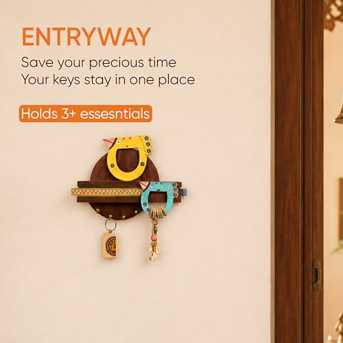 Image of AAKRITI ART CREATIONS Key Holder, Handcrafted Tribal Art Bird Theme Key Hanger | Rustic Wood Wall Organizer with 5 Hooks | New Home Gifts | Multifunctional Entryway Decor Item