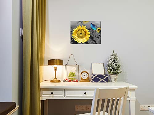 Bathroom Decor Sunflower Canvas Wall Art Summer Blue Butterfly Picture Flowers Florals Painting Yellow Gray Artwork Framed For Bedroom Kitchen Dinning Room Living Room Office Home Decor 16"X12" #TOP1