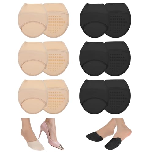 6 Pairs of Toe Topper Socks Women, Toes Cover Socks, Ball of Foot Cushion Sock with Sponge Cushion, Women's Toe Cover with Padding, Suitable for High Heels, Pumps (Black, Skin Color)