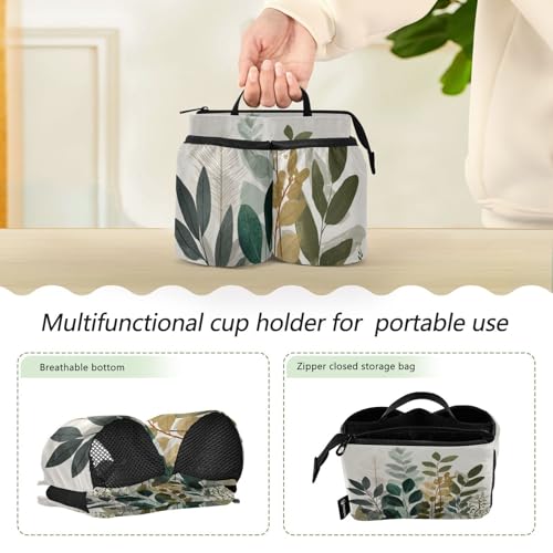 Image of Luggage Cup Holder for Suitcases Free Hands Suitcase Cup Holder Travel Luggage Drink Holder Portable Luggage Cup Caddy Bag Carrier with Handle Beige Boho Style Leaves