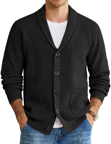 Image of COOFANDY Mens Shawl Collar Cardigan Sweater Button up Sweater with Pockets