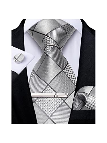 Image of DiBanGu Plaid Ties for Men Silk Checkered Necktie and Pocket Square Cufflinks Tie Clip Set with Gift Box for Wedding Business
