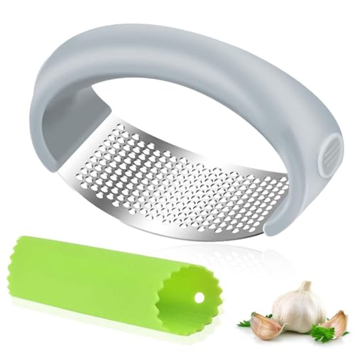 EIHI 1 PCS Prensa de ajo de acero inoxidable, Prensa de ajo para verduras picadas, Prensa de ajo de acero inoxidable con juego de pelador de ajos de silicona (Gris)