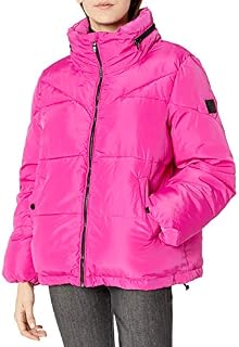 Steve Madden Women's Puffer Jacket, Short Length Neon Pink, L