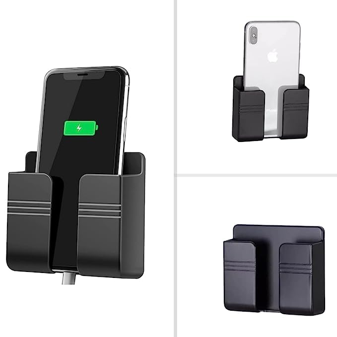 Image of Wall Mounted Adhesive Remote Control Stand Mobile Phone Holder for Charging AC /TV Storage Box for All Smartphones | Pack of 3 (Blck)