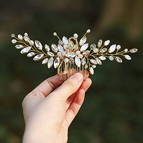 Handcess Haarkamm für Hochzeiten, Silber mit Strasssteinen, blauem Opal, Kristall, Vintage-Haarschmuck für Bräute und Brautjungfern (gold) Cover