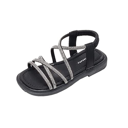 Little Kid Girls Sandals Open Toe Ankle Strap Rhinestones Sandals Cute Flat Dress Sandals Summer Beach Casual Shoes (Black, 13 Little Child)