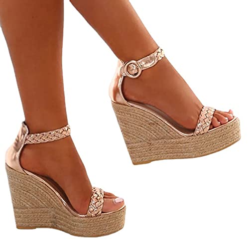 MIAOXIAO Sandales Femmes Compensées à Talons Cales De Paille Chaussures Casual La Mode Sandales avec Plateforme,d'or,CN 39 Cover