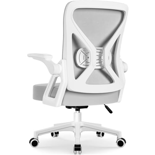 Airchros Bürostuhl Ergonomisch, Schreibtischstuhl mit Hochklappbaren Armlehnen, Einstellbarer Lendenstütze, Höhenverstellbarer Chefsessel Drehstuhl, Bürostuhl mit Wippfunktion bis 125°, Grau
