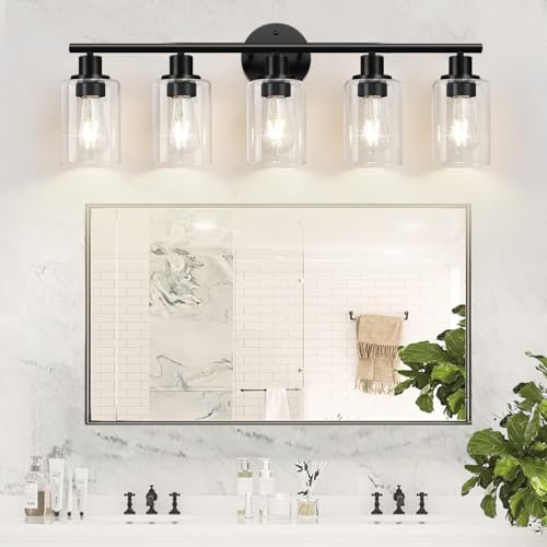 Image of Zarbitta 5-Light Bathroom Light Fixtures, Black Modern Vanity Lights with Clear Glass Shade, Bathroom Wall Lamp for Mirror Kitchen Living Room Hallway Cabinet Porch